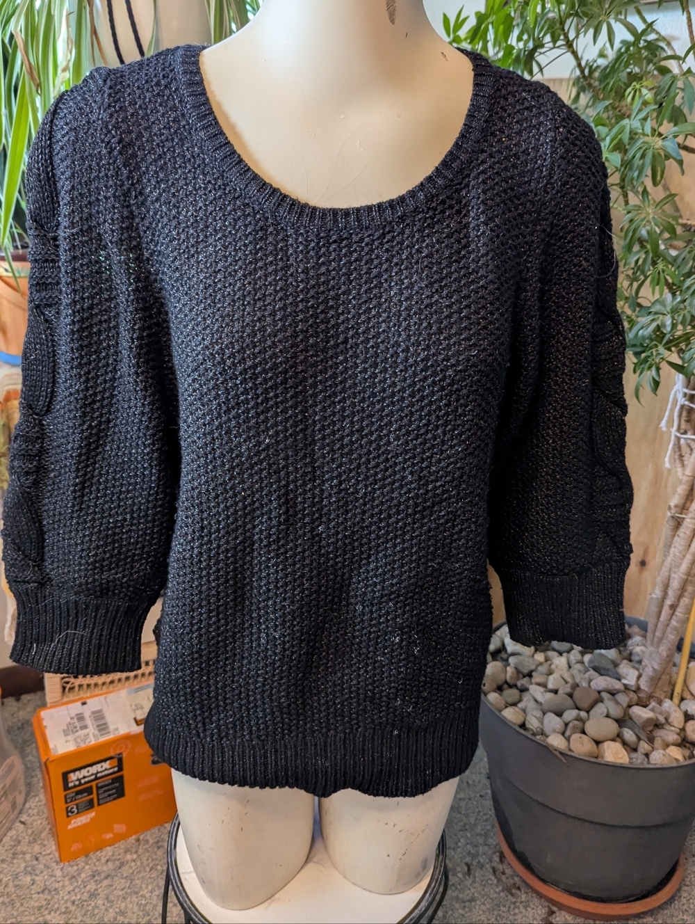 Excellent Ann Taylor Blk Scoopneck Blk Puff Slv Wool Nylon Pullover Swtr Sz Lg